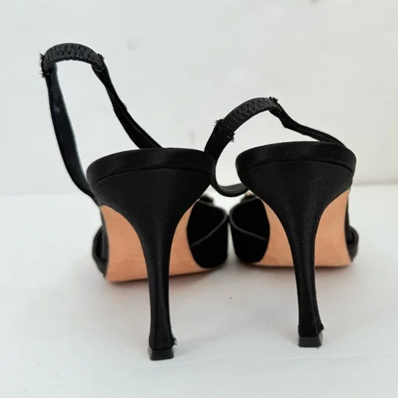 Manolo Blahnik Black Satin Leather Crystal embellishedslingback pumps EU 38.5
